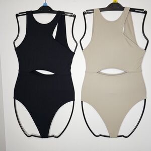 Colsie Cutout Bodysuit Bundle | Black L & Beige M | Ribbed Stretch Loungewear